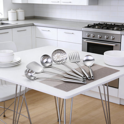 Ensemble d'ustensiles de cuisine 6 pièces en acier inoxydable - Spatule Wok, louche, écumoire, cuillère à pâtes, cuillère de service, tourneur à fentes - Outils de cuisine allant au lave-vaisselle