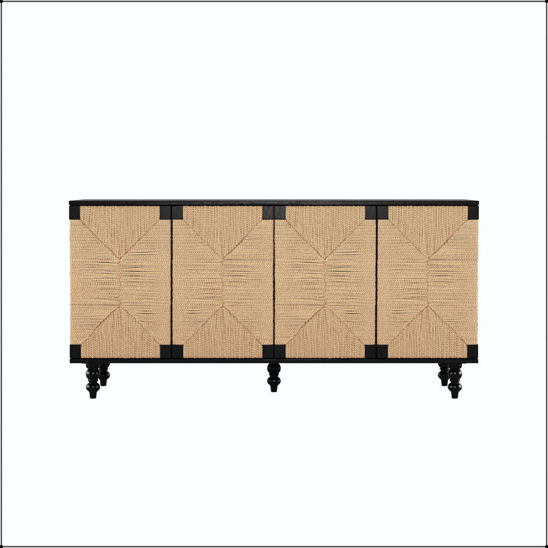 Buffet en ruppie naturelle avec portes tissées à la main et pieds en bois massif