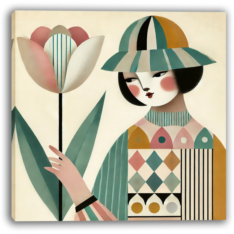 «Whimsical Charm: Modern Floral Portrait», art mural sur toile tendue, H 40 po x l 40 po x P 1,5 po