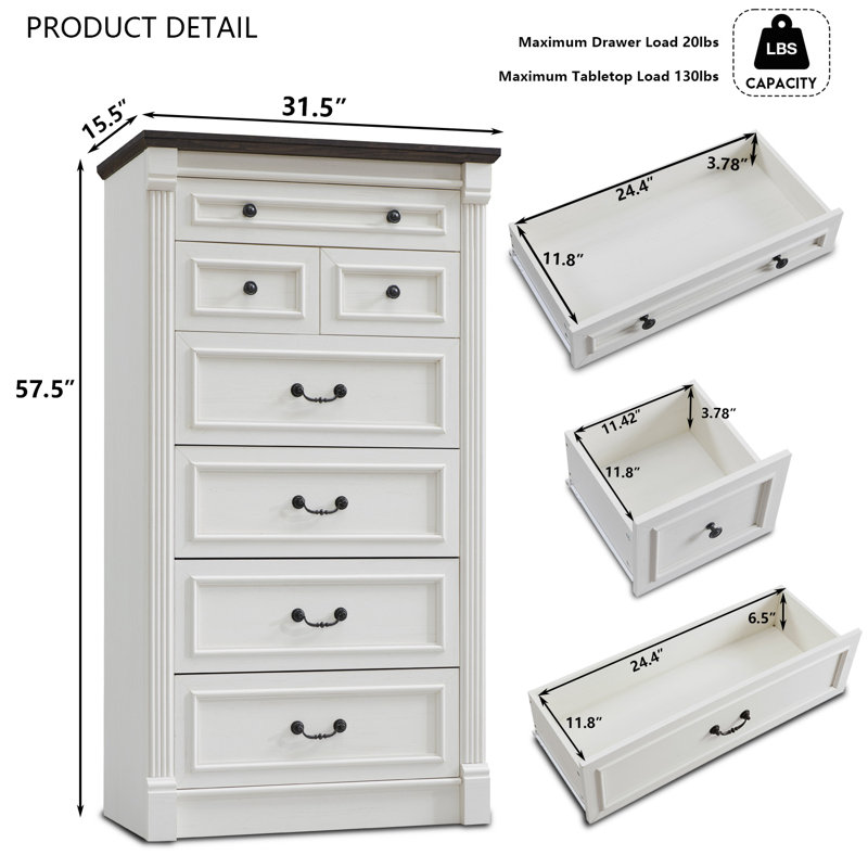 Commode 7 tiroirs Burlington Farmhouse, Brun / blanc rétro