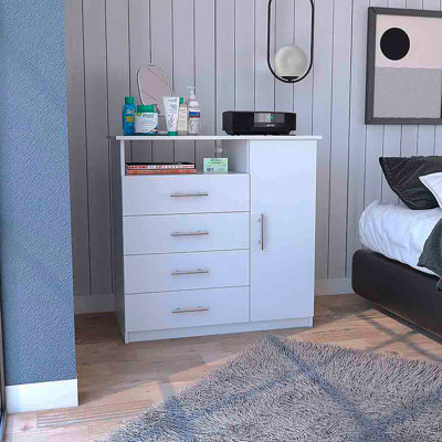 Commode 4 tiroirs, 1 tablette ouverte, plateau supérieur, armoire à une porte, blanc