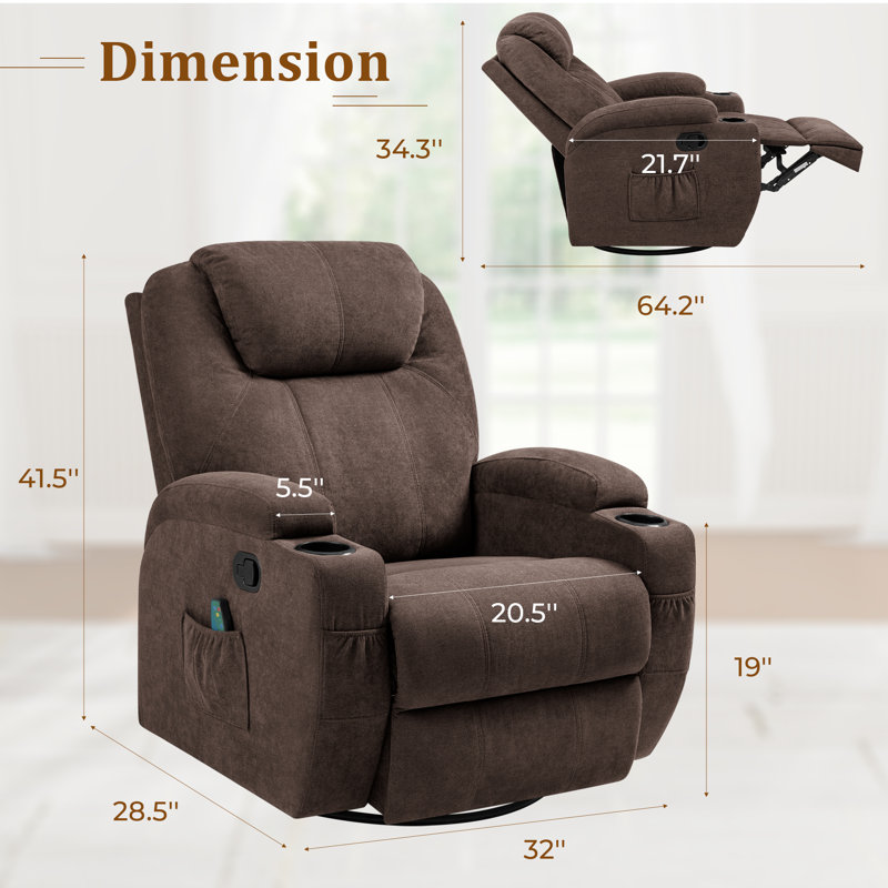 Fabric Rocking Chair with Massage, 360 Degree Swivel Sofa Seat with Drink Holder, Brown Canvas