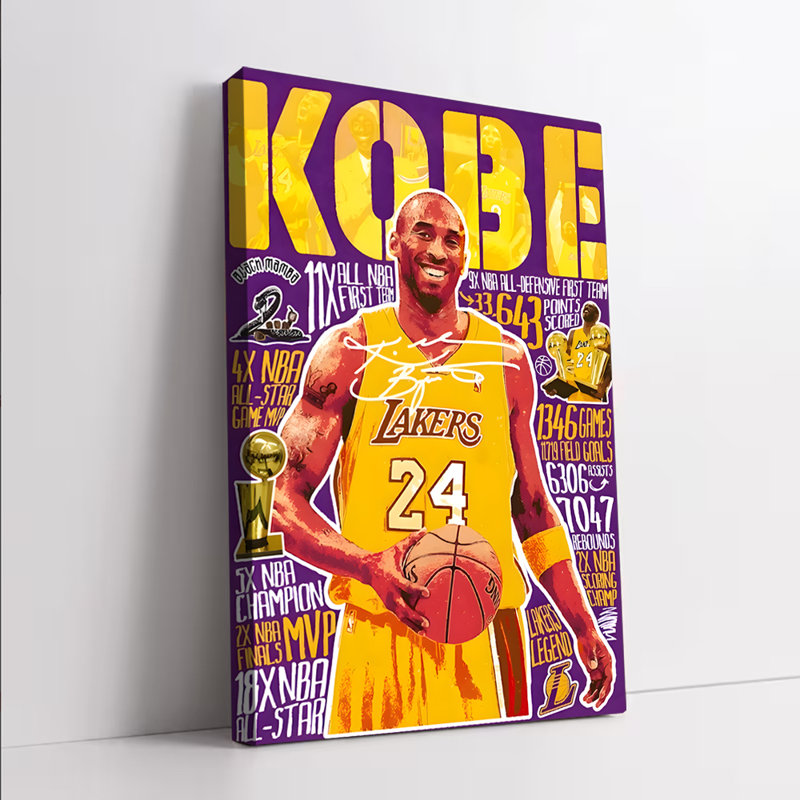1Pcs, art mural, affiche encadrée, affiche de basketball Lakers Jersey no. 24 avec étoiles, H 8 po x l 12 po