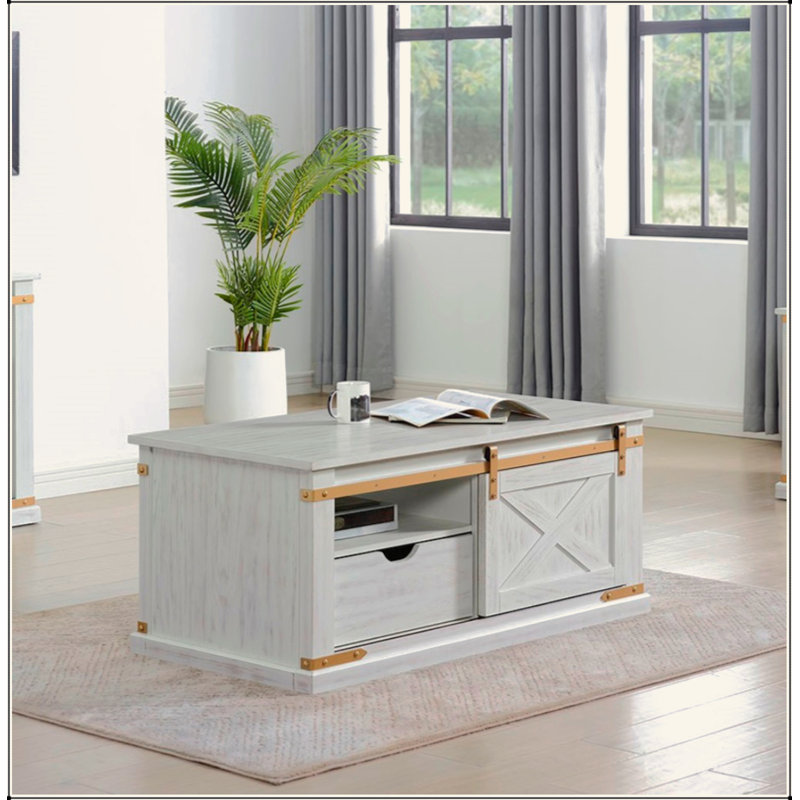 Table basse de salon de style rustique blanc antique 1 pièce avec tablettes ouvertes