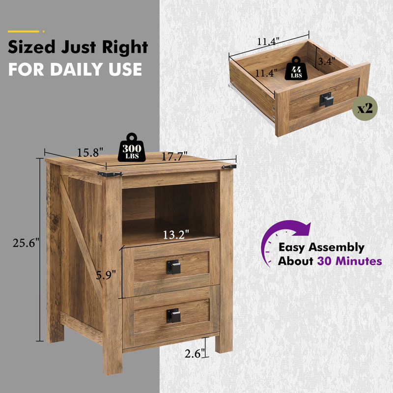 18" Farmhouse Nightstand Set with 2 Drawers & Open Shelf,Barnwood, Barnwood