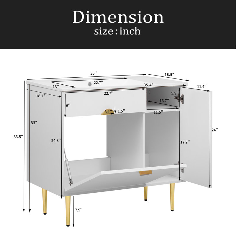Meuble-lavabo de 36 po avec lavabo en résine, meuble-lavabo moderne, armoire de rangement avec porte à fermeture en douceur et porte rabattable