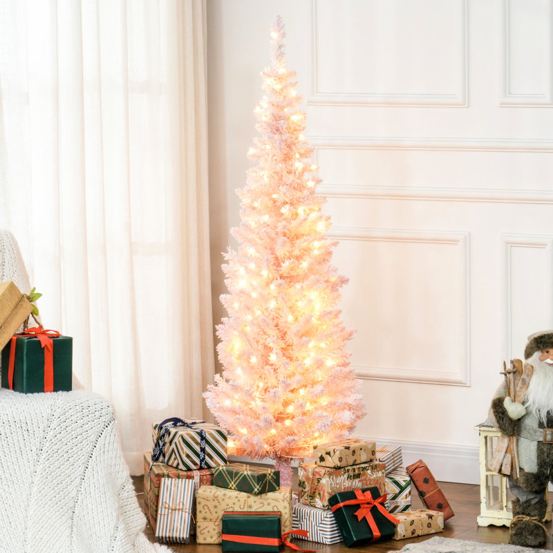 Arbre de Noël rose avec 160 lumières blanc chaud, 294 pointes floquées, 5 pi de hauteur, lumières ornementales de 59,1 po de hauteur et pointes pour