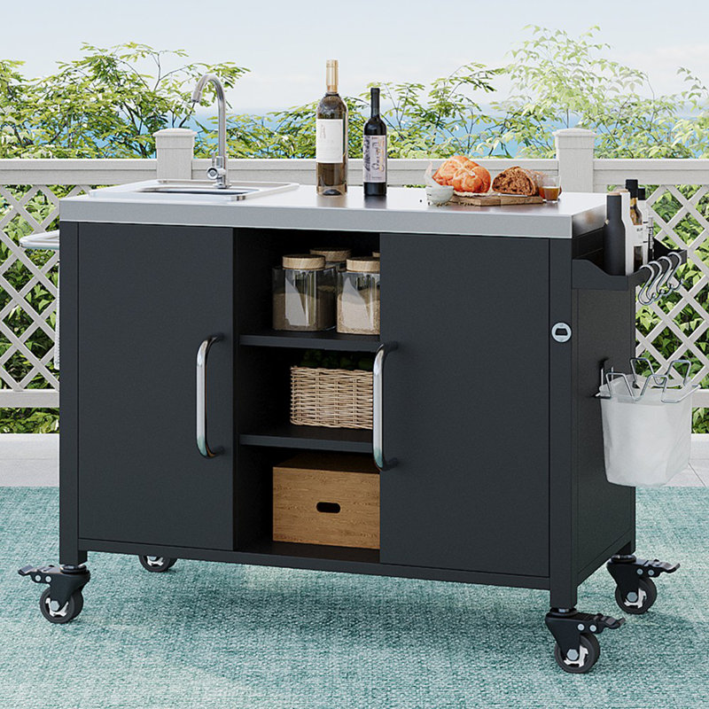 55.5" Outdoor Kitchen Island with Sink, Metal Grill Cart Table with 304 Stainless Steel Sink, Outdoor Bar Cart Sink Station with 4 Lockable Wheels for Pizza Prep & BBQ