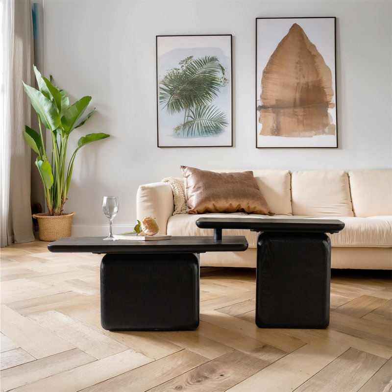 Ensemble de tables basses carrées de style rétro avec finition grain de bois (table seulement), Noir