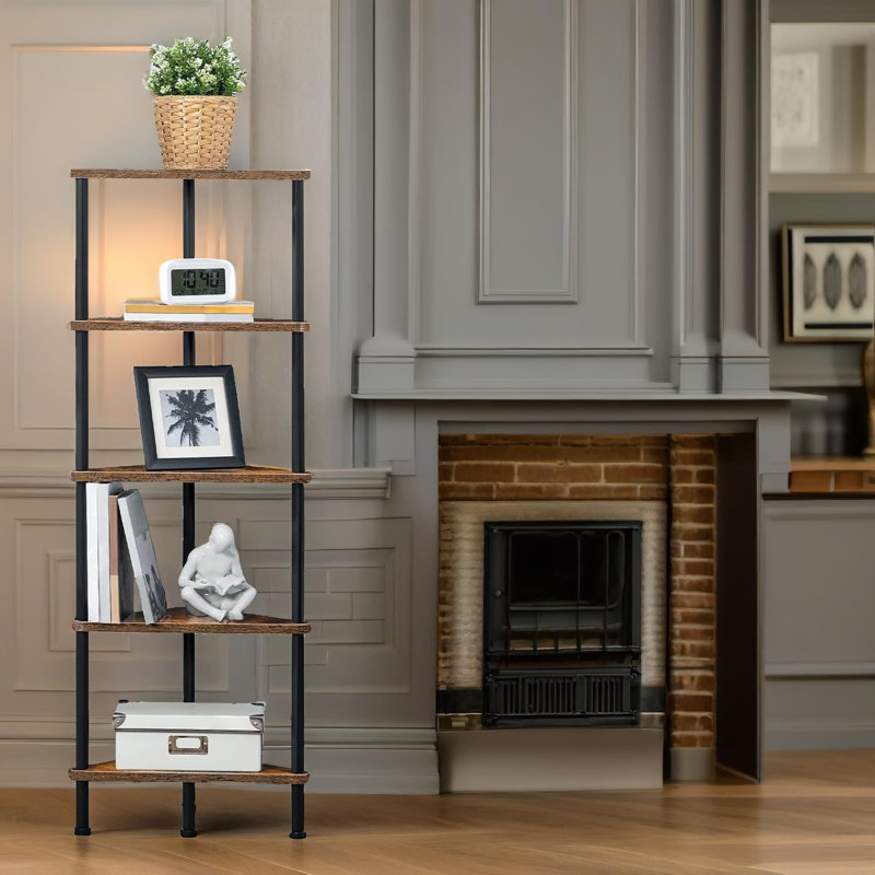 Pendergrast Rustic Wooden 5 Tier Bookcase Corner Bookshelf 115cm Shelving Unit Storage Shelves Freestanding