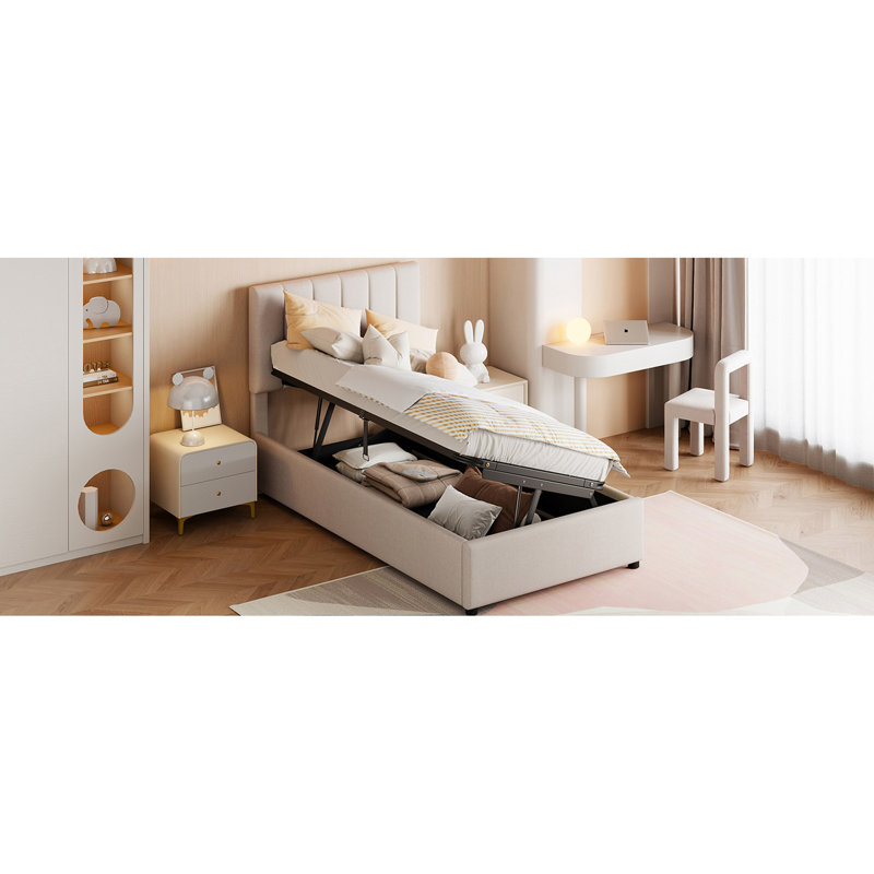 Lit plateforme simple avec rangement à conception hydraulique, beige et beige