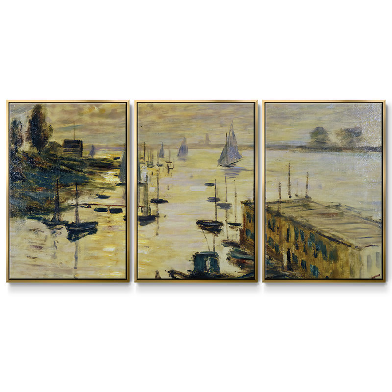 «The Basin Of Argenteuil», 1874, reproduction sur toile 3 pièces, H 36 po x l 75 po x P 2 po, Or