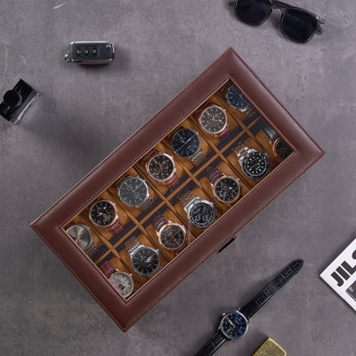Boîte à montre avec couvercle en verre et tiroir, support de rangement pour bijoux à 2 couches à 14 fentes