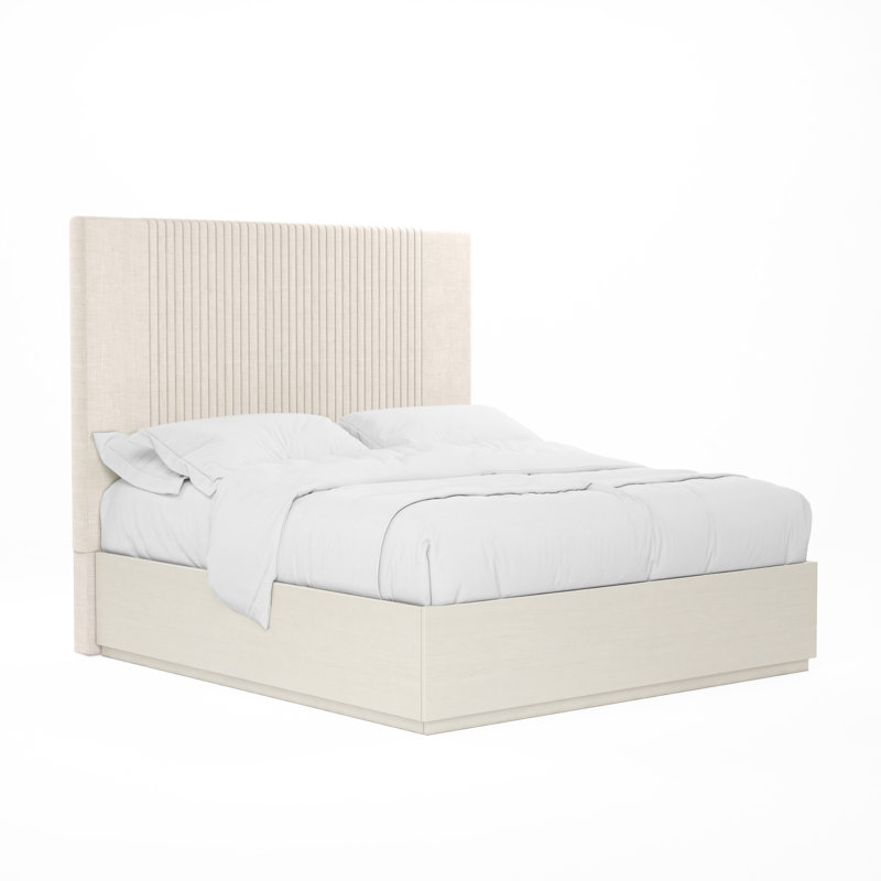 King Size Light Beige Upholstered Wood Frame Bed with Headboard