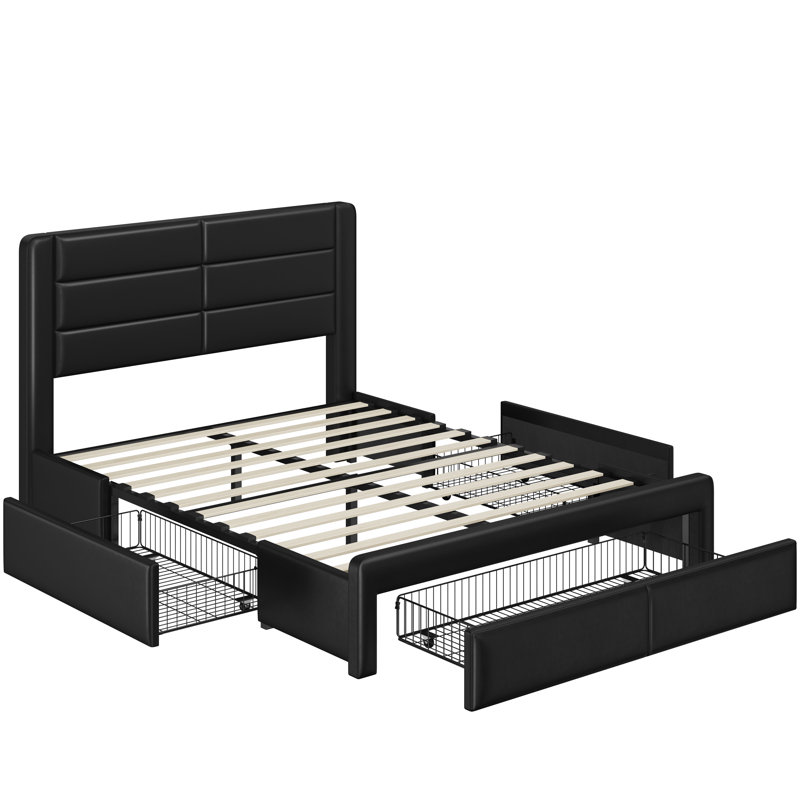 Avelle Vegan Leather Metal Platform Storage Bed with 3 Storage Drawers and Built-In USB Ports, Full, Black