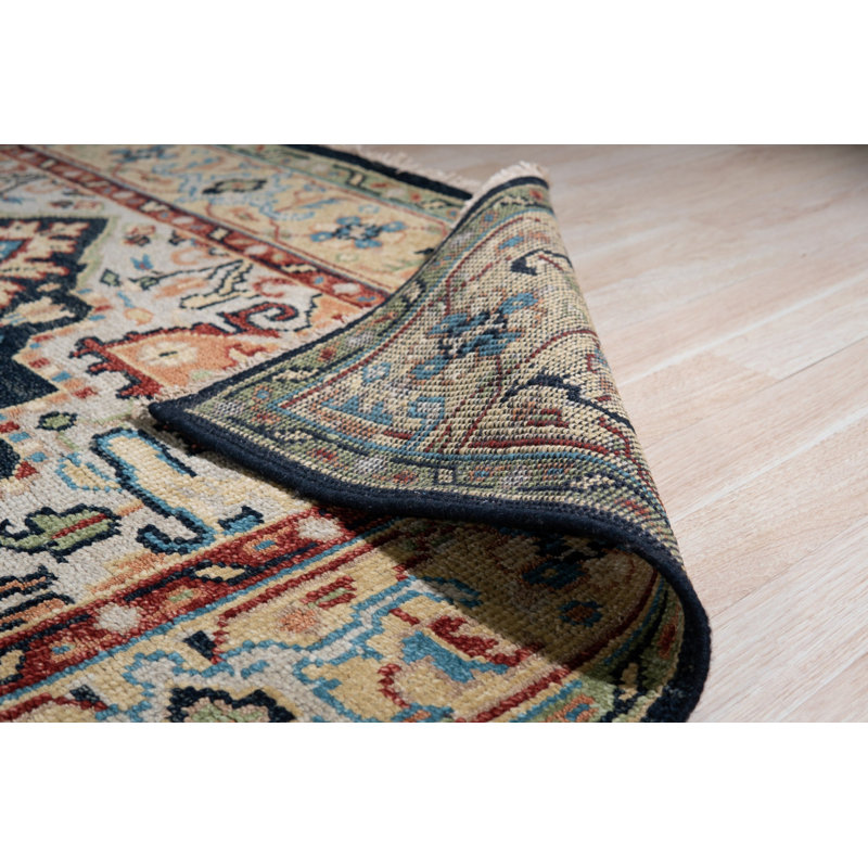 Tapis bleu moderne à motif géométrique en laine noué à la main, 9 pi x 12 pi