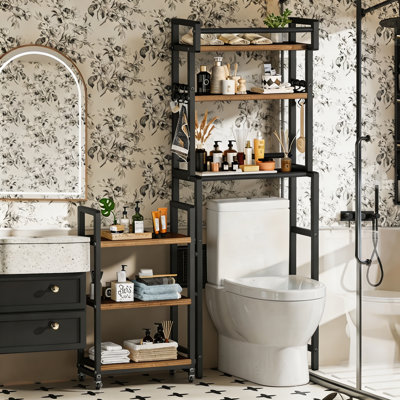 Over The Toilet Storage, 3-Tier Over Toilet Bathroom Organizer With Extra Movable Storage Cart And Side Hooks, 11 X 24 X 66.7 Inches, Space-Saving Freestanding Bathroom Shelves