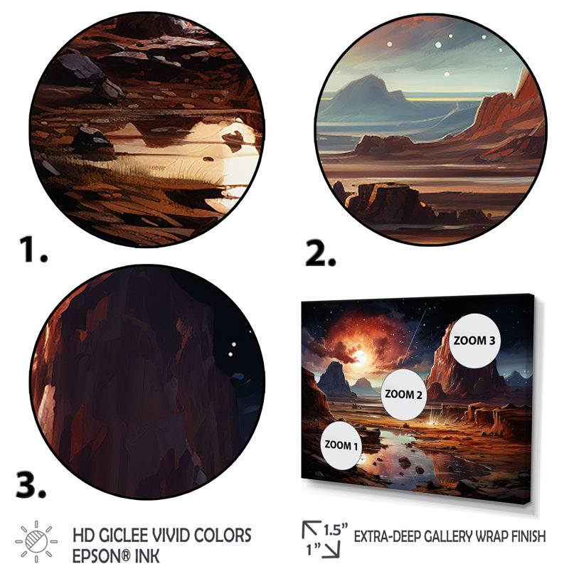 «Futur Cosmic Sunrise On Moon I», art mural de la planète espace, Cadre flottant noir, H 12 po x l 20 po x P 1 po