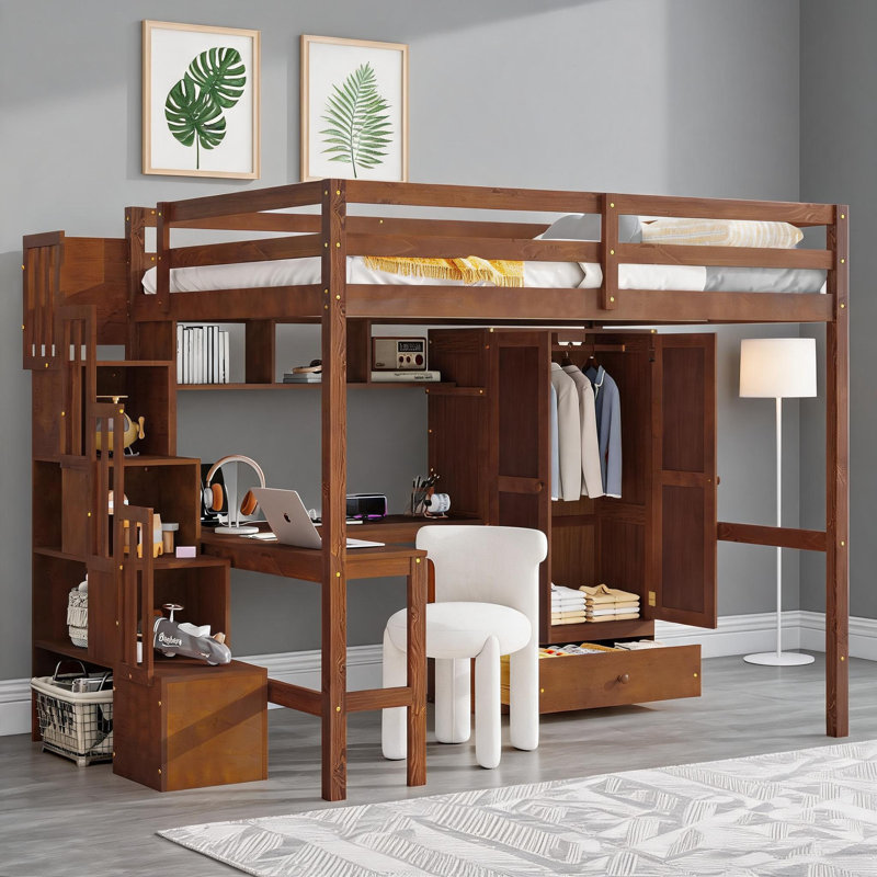 Solid Pine Full Size Multi-functional Loft Bed with Integrated Desk and Storage Solutions, Warm Brown
