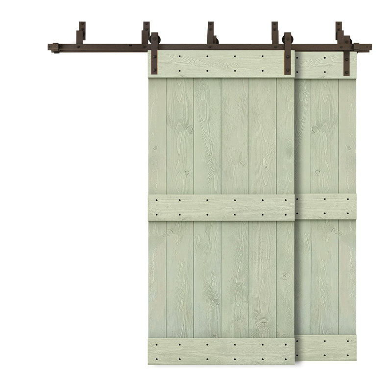 Porte de grange double à panneaux en bois teinté à panneau Mid-Bar, Vert sauge, 88 po x 84 po