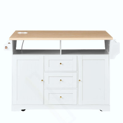 Kitchen Island With 2 Drop Leaf,Rolling Kitchen Cart On 5 Wheels With Power Outlet,Folding Storage Dining Table With Spice & Towel Rack , 3 Drawers, For Kitchen, Dining Room