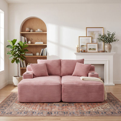 Modular Corduroy Chaise Lounge Sectional Sofa with Deep Seat, Cup Holders & Side Storage Pockets, No Assembly