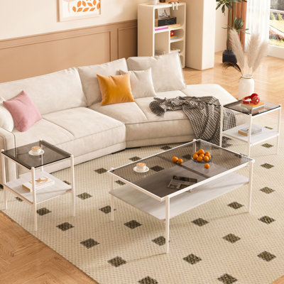 Sleek Coffee Table And 2 End Tables , Gray Glass With Robust Layer For Living Room Intriguing Showcase Modern Of 3, Tempered Stylish Display Shelf