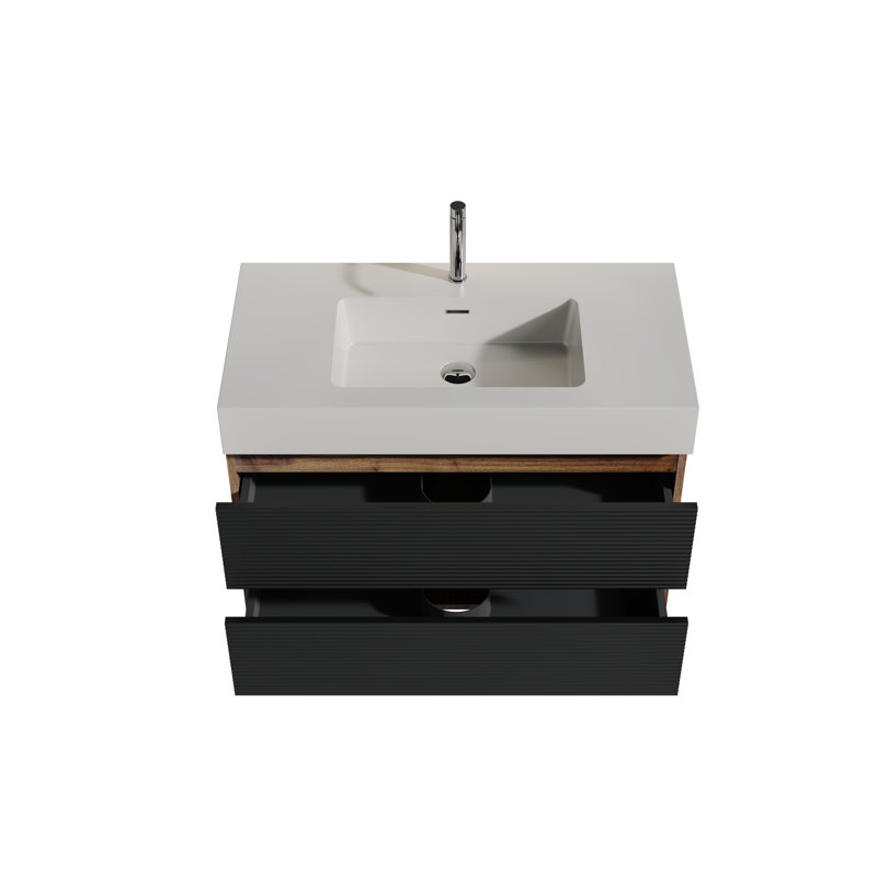 Meuble-lavabo de 36 po en noyer avec lavabo à surface solide blanc brillant et tiroirs noirs doux, salle de bain murale flottante