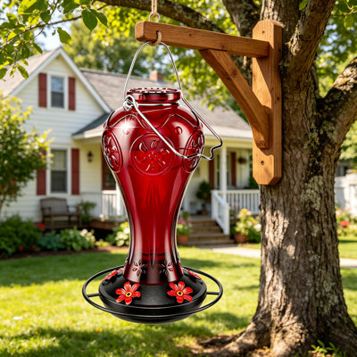 Glass Hummingbird Feeder For Outdoors, 23Oz Hanging Hummingbird Feeder With 5 Feeding Ports And Built-In Ant Moat, Decorative Bird Feeder For Garden Patio Backyard, Gift For Women Mom