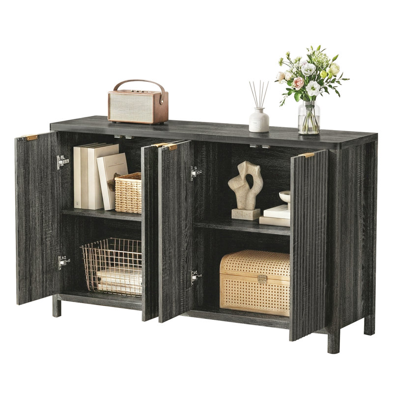 Buffet cannelé à flancs, grande crédence moderne de 55 po avec 4 portes, console média pour le vestibule du salon, noir