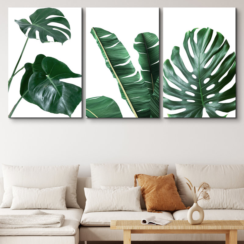 Minimal Botanical Vibrant Green Monstera and Banana Leaf Trio Botanical, H 36 po x l 72 po, Toile tendue, Sans cadre
