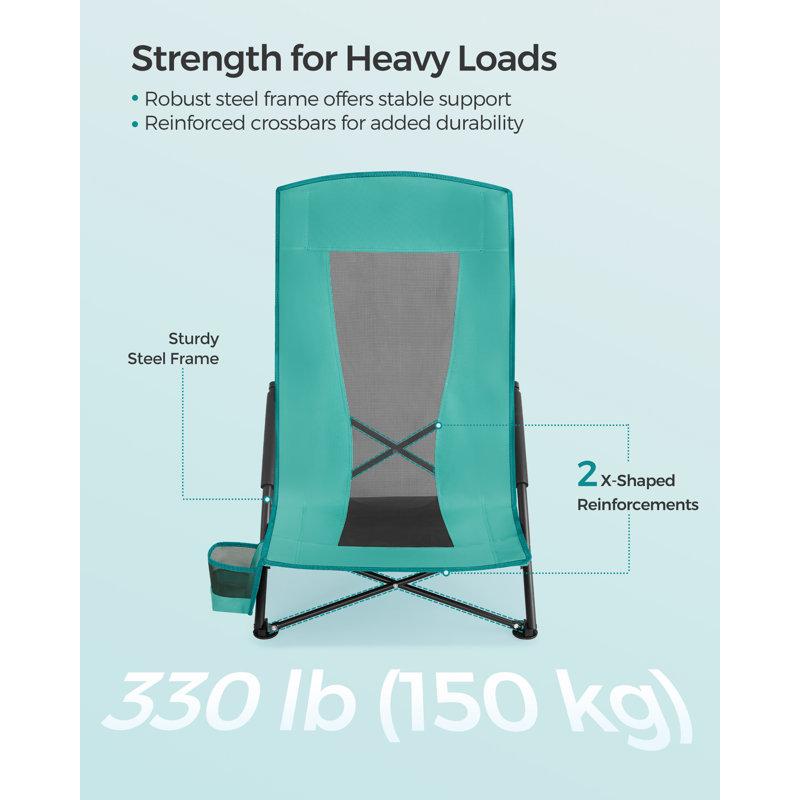 Set Of 2 Portable Beach Chairs For Adults, Max. Load 330 Lb Each, High Backrest, Cup Holder, Lightweight, Heavy-Duty, Green