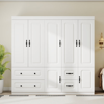 5-Door Armoire Wardrobe Closet with 4 drawers and Hanging Rod White