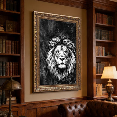 Art mural en toile noyer doré encadré pour le salon, la chambre à coucher, le bureau ou le vestibule - Décoration murale décorative avec portrait de lion