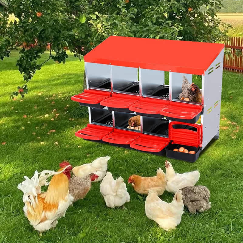 8-Hole Red Metal Chicken Nesting Box - 8 Compartments Egg Laying Box with Roll-Up Design Lid