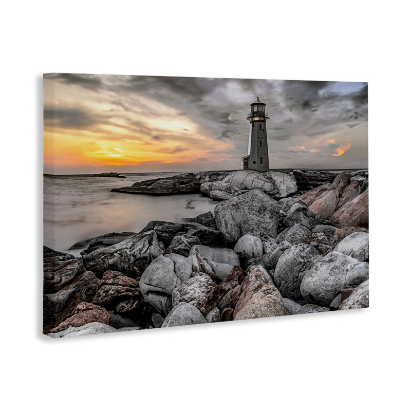 Toile du phare au coucher du soleil, design par Norm Stelfox, H 16 po x l 24 po