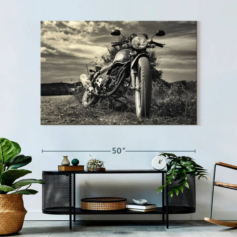 Motocyclette d'extérieur rétro sur toile, H 34 po x l 51 po x P 1,25 po