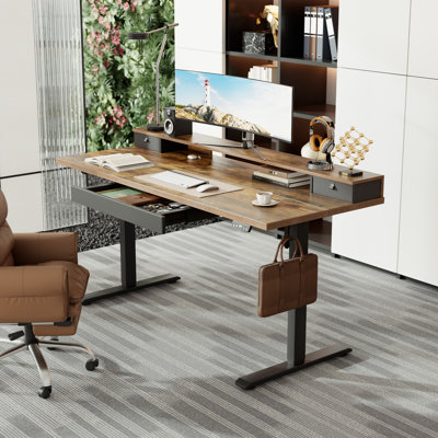 63 Inch Electric Height Adjustable Standing Desk with 3 Drawers & Storage Shelf, Sit-Stand Computer Desk with Hooks for Home Office & Gaming,Rustic Brown