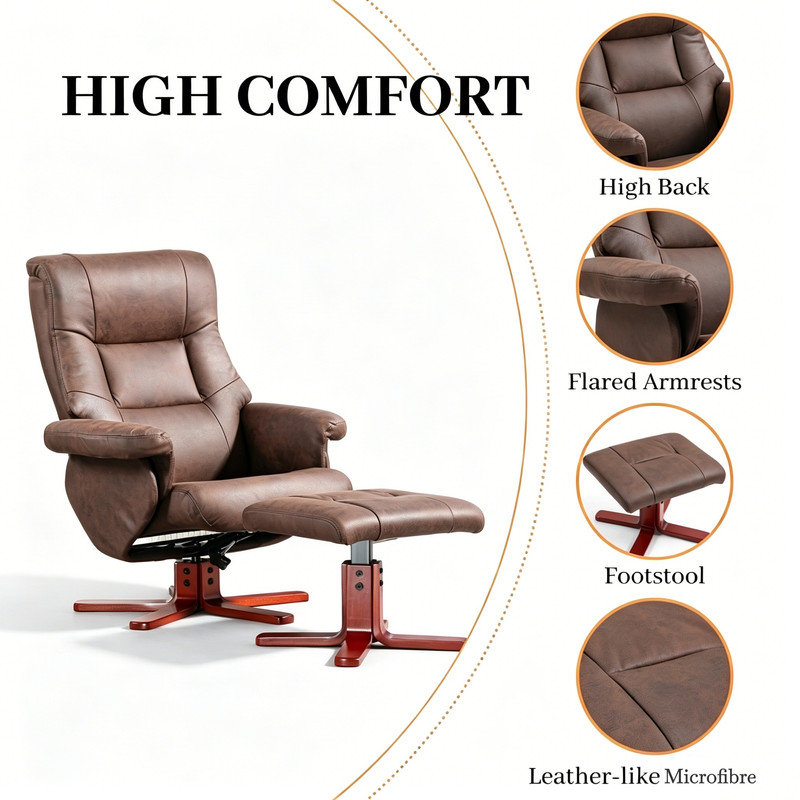 Faux Microfiber Leather Manual Recliner Chair & Footstool Set, Dark Brown