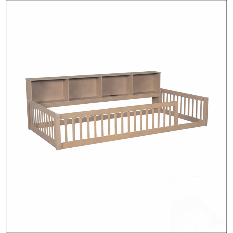 Lit simple en bois de taille très grand avec armoires de rangement spacieuses et ports USB pratiques, brun, Brun