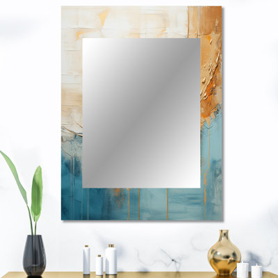 Or et peinture bleue Fusion I - peinture abstraite grand miroir mural, miroir décoratif beige, impression d'art en métal
