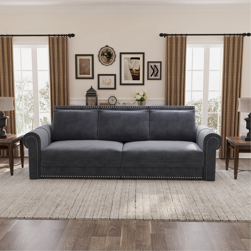 Canapé Chesterfield, canapé-lit gigogne de 93,7 po, canapé-lit convertible en velours 3 en 1 avec garniture cloutée et accoudoirs roulés, canapé-lit multifonctionnel, gris