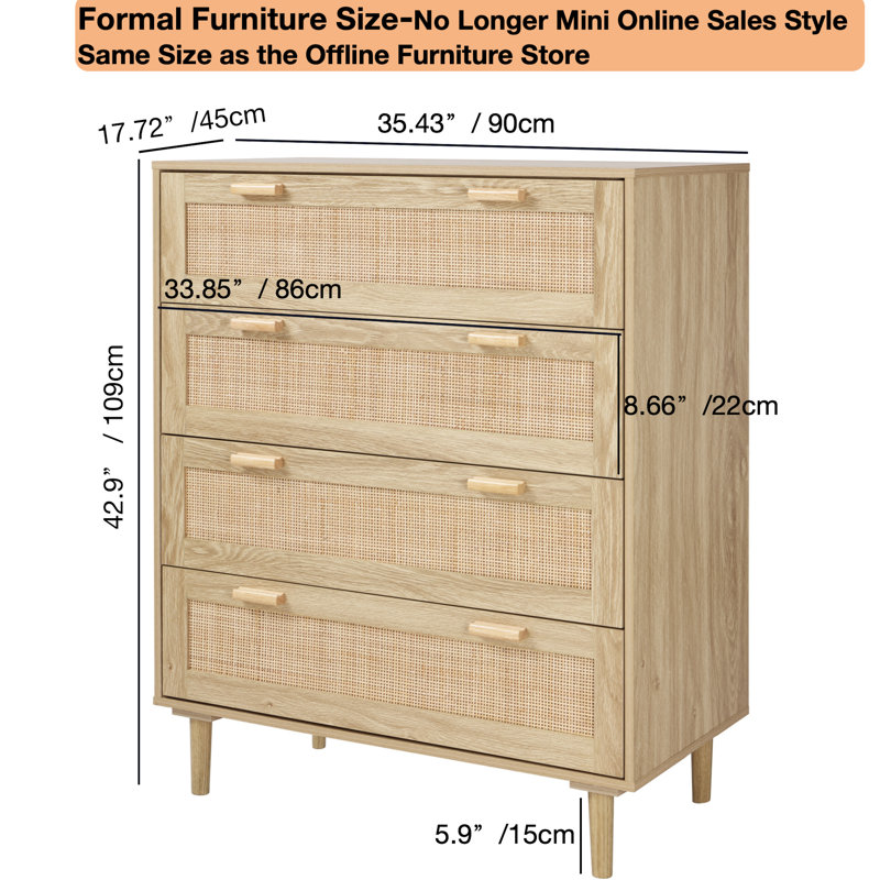 Commode 4 tiroirs pour chambre à coucher 35,43 "de large avec tiroirs