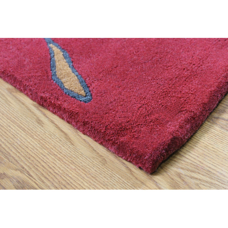 Tapis décoratif rouge en laine Touffeté à la main à motif abstrait Rioux, Carré 1 pi 6 po