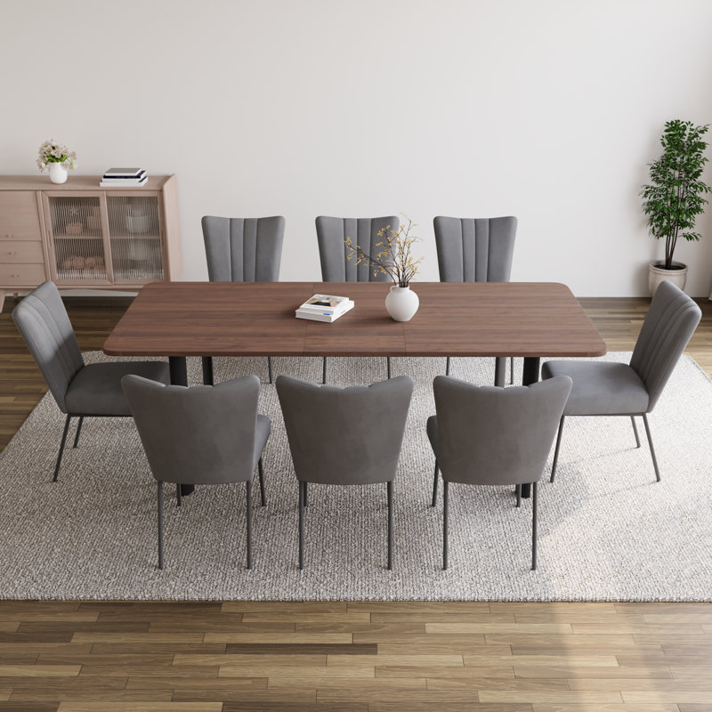 Modern Kitchen Dining Set, 63'' to 78.7'' Extendable Dining Table with 34.2"H Dining Chairs(Table 8Chairs), Gray