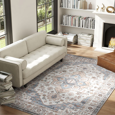 Area Rug, Vintage Machine Washable Rug, Non-Slip Floor Carpet for Living Room, Bedroom, Dining Room, Home Office, Brown and Light Blue