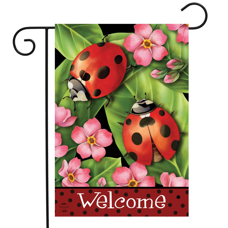 Drapeau de jardin coccinelles sur feuilles, Printemps rouge/rose/vert