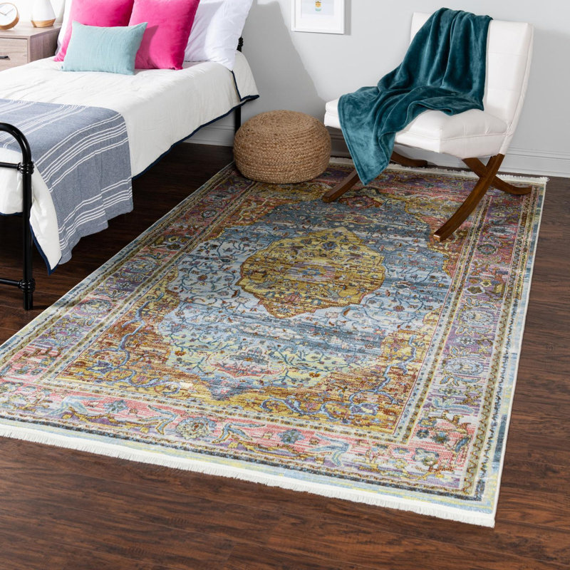 Tapis multicolore à motif abstrait Folmar, Rectangle 6 pi x 9 pi, Pink/Orange/Blue