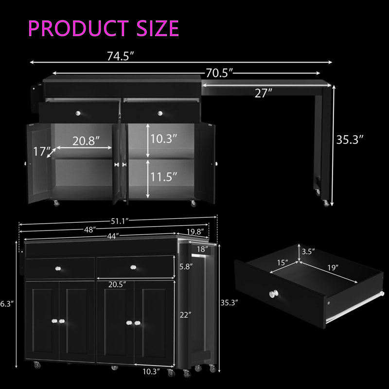 74.5" Kitchen Island with Extendable Dining Table - Rolling Storage Cart with 4 Cabinets, 2 Drawers & Spice Rack - Mobile Workstation for Kitchen & Dining Room