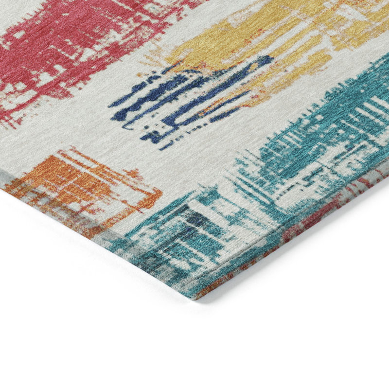 3' X 5' Ivory Teal Blue Orange And Red Striped Washable Indoor Outdoor Area Rug